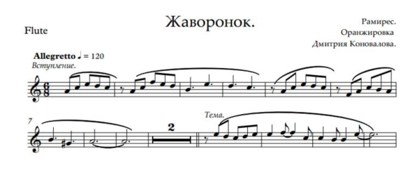 Жаворонок .Ноты дуэта гитара + флейта.
