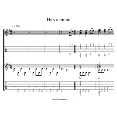 Табулатура Пираты Карибского моря. Для двух гитар.