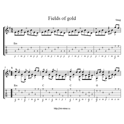 Sting - Fields Of Gold. ТАБУЛАТУРА для одной гитары