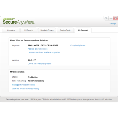WebRoot SecureAnywhere™ AntiVirus 2013: ключ на 90 дней