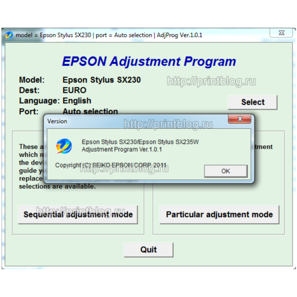 Adjustment program Epson Stylus SX230, SX235W