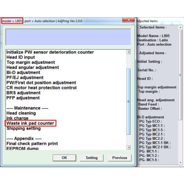 Adjustment program Epson L805