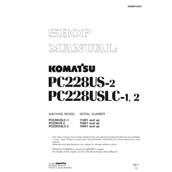 Komatsu PC228US-2, USLC-1, 2 Shop Manual