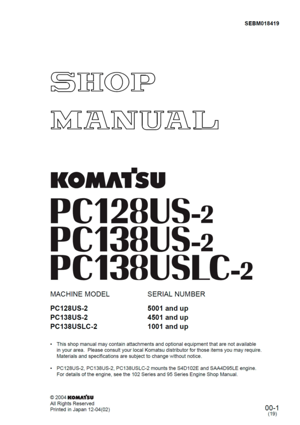 Komatsu PC128US-2, PC138US-2, USLC-2 Shop Manual