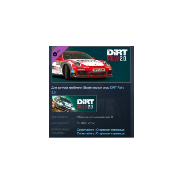 DiRT Rally 2.0 — Porsche 911 RGT Rally Spec STEAM KEY