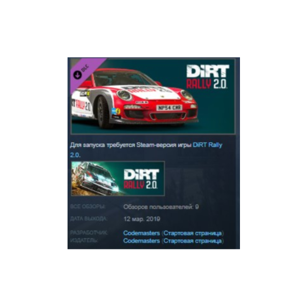 DiRT Rally 2.0 — Porsche 911 RGT Rally Spec STEAM KEY