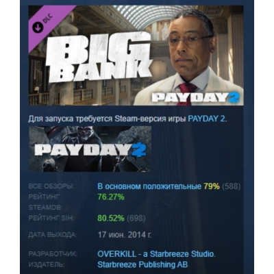PAYDAY 2: The Big Bank Heist DLC АВТОДОСТАВКА STEAM РОССИЯ
