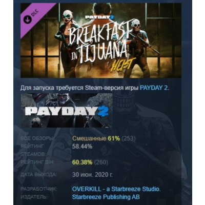 PAYDAY 2: Breakfast in Tijuana Heist DLC АВТОДОСТАВКА STEAM РОССИЯ