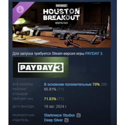 PAYDAY 3: Houston Breakout Weapon Pack DLC АВТОДОСТАВКА STEAM РОССИЯ