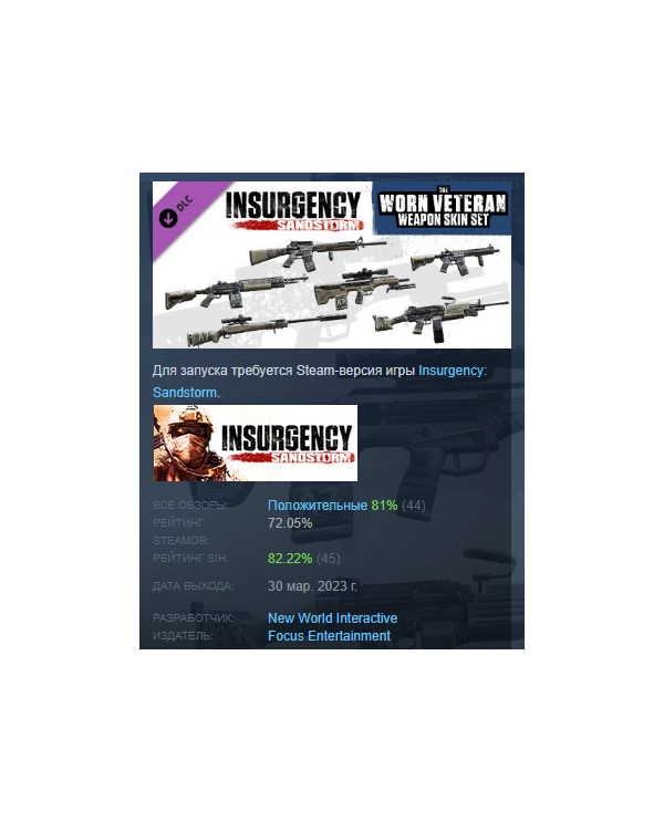 Insurgency: Sandstorm - Worn Veteran Weapon Skin Set DLC AUTODELIVERY STEAM РОССИЯ