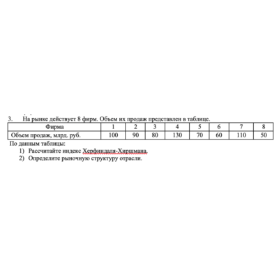 1. На рынке действует 8 фирм. Объем их продаж представл