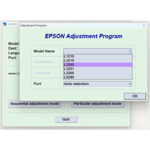 Epson AdjustmentL1210 L3210 L3250 L3251 L3260 L5290