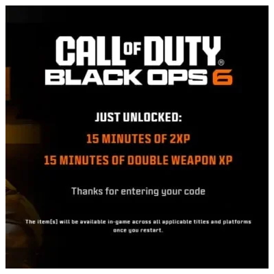 15 MIN 2XP + 15 MIN WEAPON XP COD BLACK OPS 7/6 GLOBAL