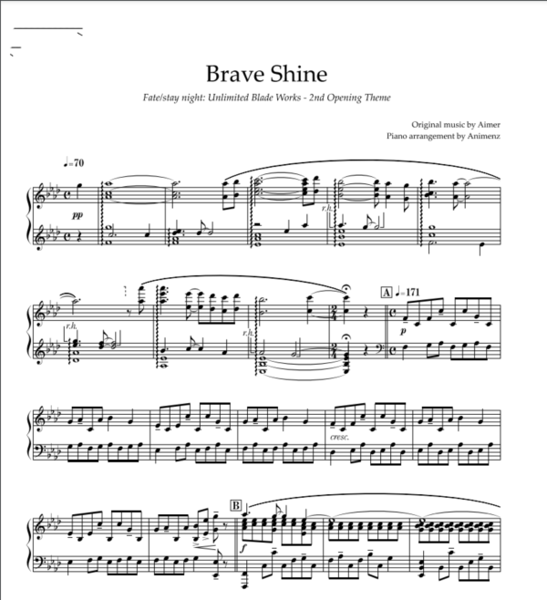 Ноты Animenz - Brave Shine - Fate/stay night OP2
