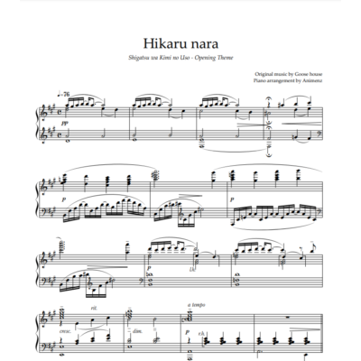 Ноты Animenz - Hikaru Nara – Your Lie in April OP1
