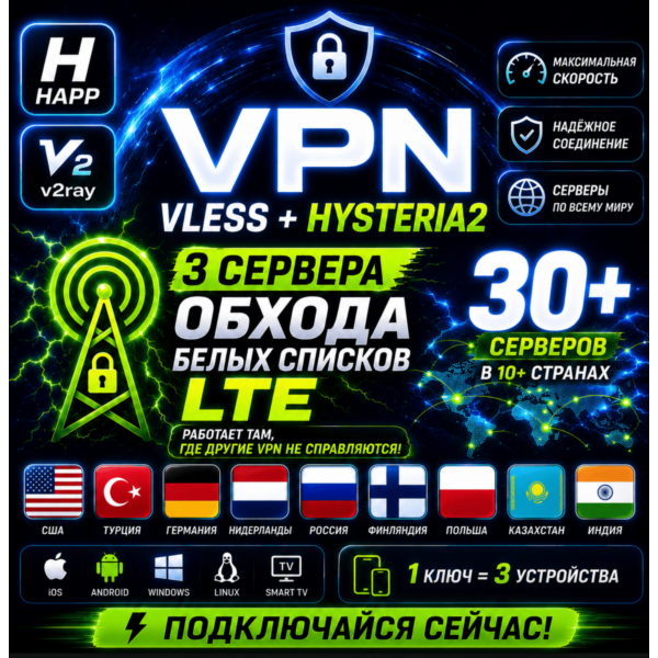 VPN VLESS HAPP БЕЛЫЕ СПИСКИ LTE ОБХОД ВПН США ФИНЛЯНДИЯ ТУРЦИЯ КАЗАХСТАН РОССИЯ ИНДИЯ