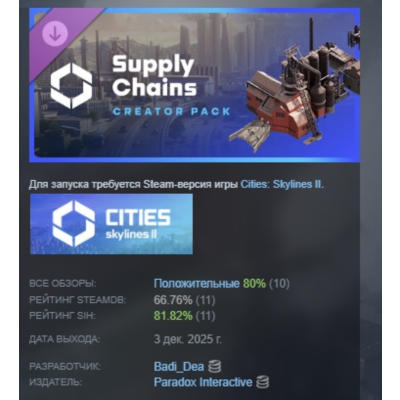 Cities: Skylines II - Creator Pack: Supply Chains DLC AUTODELIVERY STEAM РОССИЯ