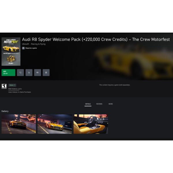 AUDI R8 SPYDER WELCOME PACK (+220,000 CREW CREDITS) – THE CREW MOTORFEST XBOX КЛЮЧ/КО
