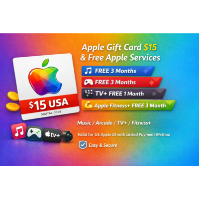 🍎 Apple Gift Card $15 USA + 🎵 Music 3M + 🎮 Arcade 3M +  Fitness+ 3M + 🍿 TV+ 1M |