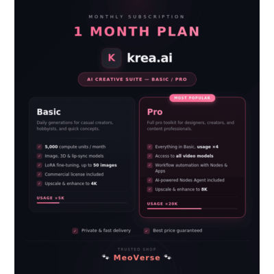 ✅ Krea AI Basic, Pro Plan 1 Month 🔒 Full Warranty ⚡Private account