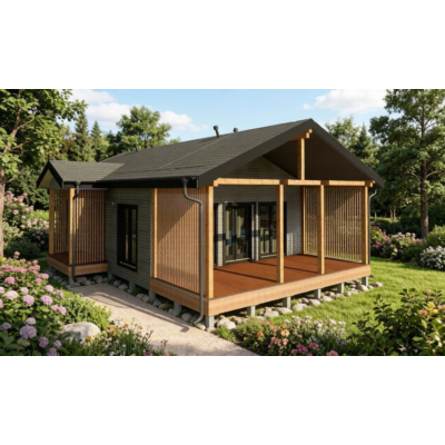 FH-9 — каркасный дом 104,9 м², 2 спальни, терраса и крыльцо