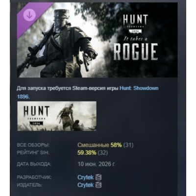 Hunt: Showdown 1896 - It Takes a Rogue DLC АВТОДОСТАВКА STEAM РОССИЯ