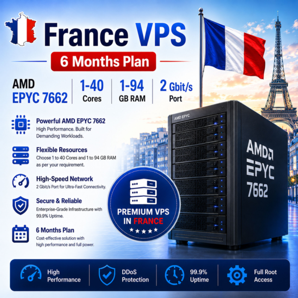 Франция VPS — 6 Месяцев | AMD EPYC 7662 | Быстрый NVMe | Порт 2 Гбит/с