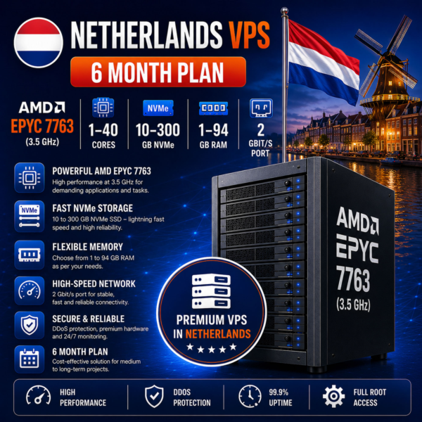 Нидерланды VPS — 6 Месяцев | AMD EPYC 7763 | Быстрый NVMe | Порт 2 Гбит/с