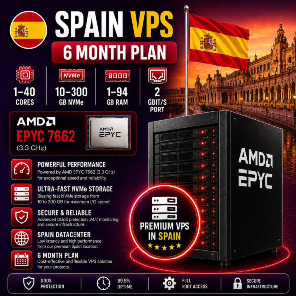 Испания VPS — 6 Месяцев | AMD EPYC 7662 | Быстрый NVMe | Порт 2 Гбит/с