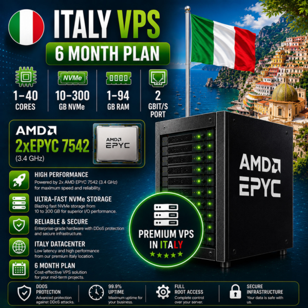 Италия VPS — 6 Месяцев | AMD 2xEPYC 7542 | Быстрый NVMe | Порт 2 Гбит/с
