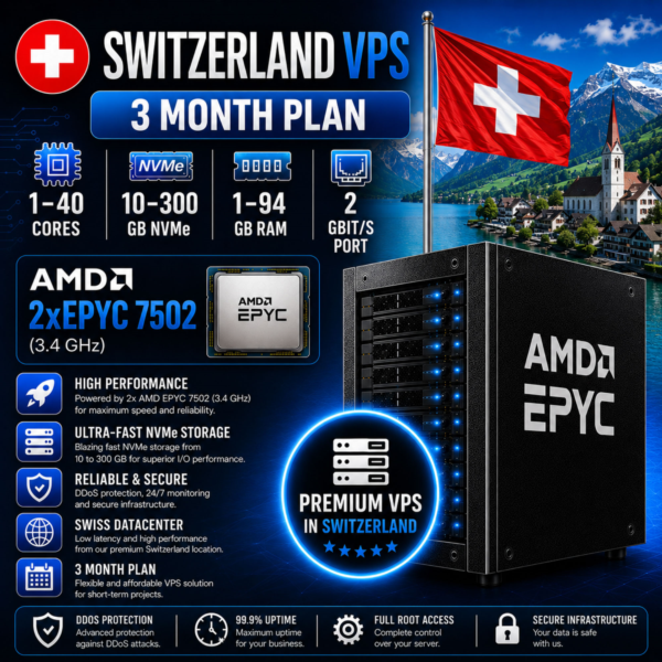 Швейцария VPS — 3 Месяца | AMD 2xEPYC 7502 | Быстрый NVMe | Порт 2 Гбит/с