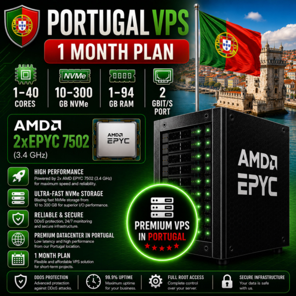 Португалия VPS — 1 Месяц | AMD 2xEPYC 7502 | Быстрый NVMe | Порт 2 Гбит/с