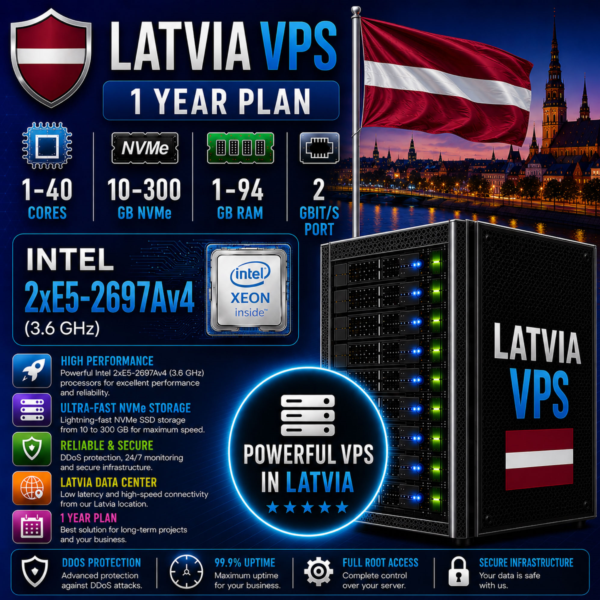 Латвия VPS — 1 Год | Intel 2xE5-2697Av4 | Быстрый NVMe | Порт 2 Гбит/с