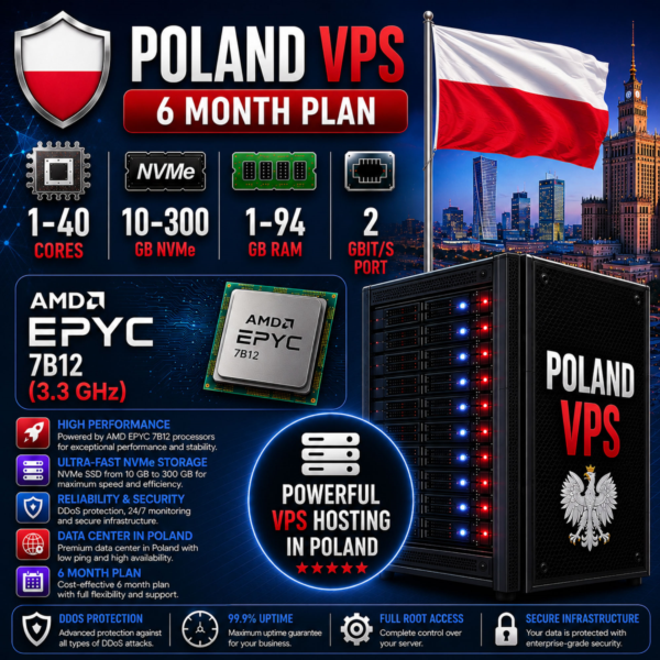 Польша VPS — 6 Месяцев | AMD EPYC 7B12 | Быстрый NVMe | Порт 2 Гбит/с
