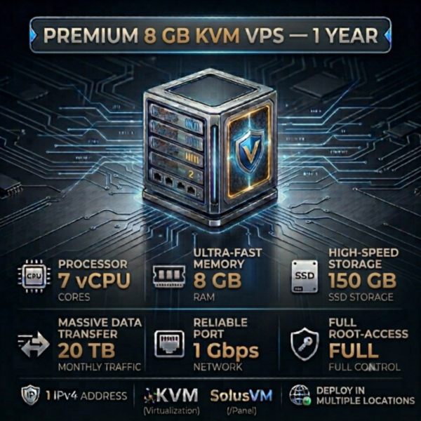 8 GB KVM VPS — 1 Год | 7 vCPU | 150 GB SSD | 8 GB RAM | 1Gbps