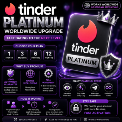 Обновление до Tinder Platinum — от 1 до 12 месяцев — Весь мир — 100% гарантия