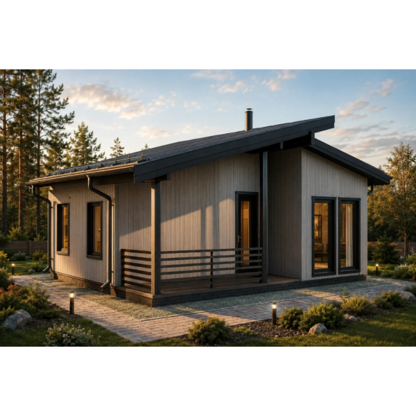 FH-18 — каркасный дом 66,5 м², 2 спальни, 1 санузел, терраса