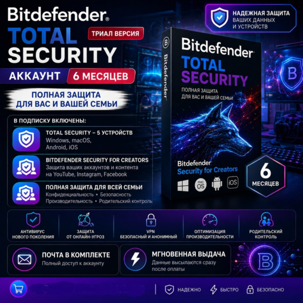 Bitdefender Total Security — 6 месяцев до 05.02.2027 (Аккаунт)