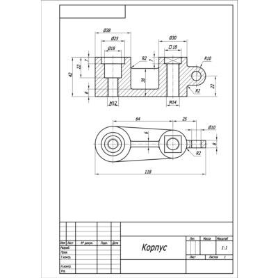 Корпус - чертеж детали в AutoCAD
