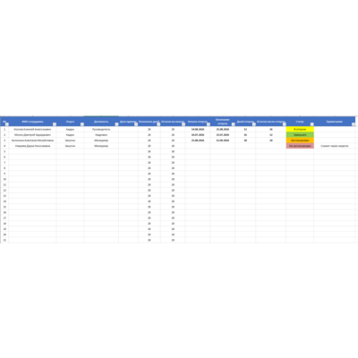 Таблица отпусков предприятия (ШАБЛОН EXCEL)