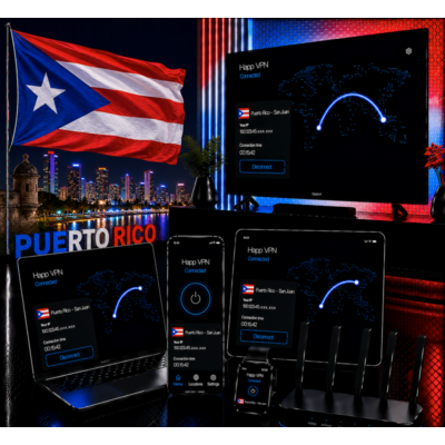 Happ VPN | Пуэрто-Рико 🇵🇷 Статический IP | Защита от DPI | Доступ ИИ | 10 Гбит/с 🚀