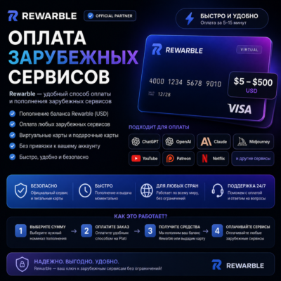Оплата зарубежных сервисов. Ваучер/Карта Rewarble. 5-250 USD