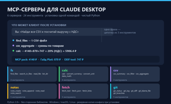 MCP-серверы для Claude Desktop: 6 серверов на Python, 24 инструмента (исходники)