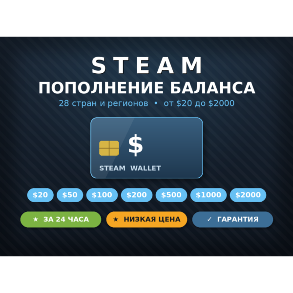 Пополнение баланса Steam — 28 регионов (США, Европа, Япония и др.) от $20 до $2000