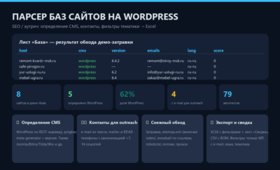 Парсер баз сайтов на WordPress: исходный код на Python — SEO, аутрич, контакты