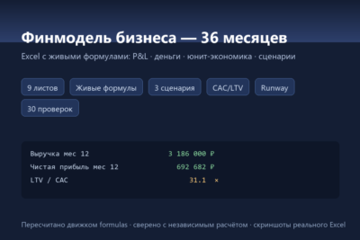 Финмодель бизнеса на 36 месяцев — Excel: P&L, деньги, экономика