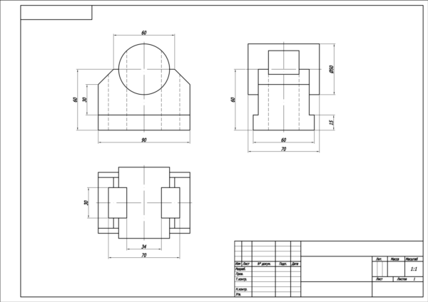 Чертеж детали в трех видах по наглядному изображению в AutoCAD, вариант 15