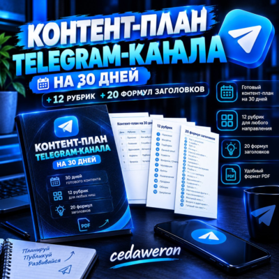 Контент-план Telegram-канала на 30 дней + 12 рубрик + 20 формул заголовков (PDF)