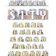 The Latin alphabet, decorated with drawings of houses